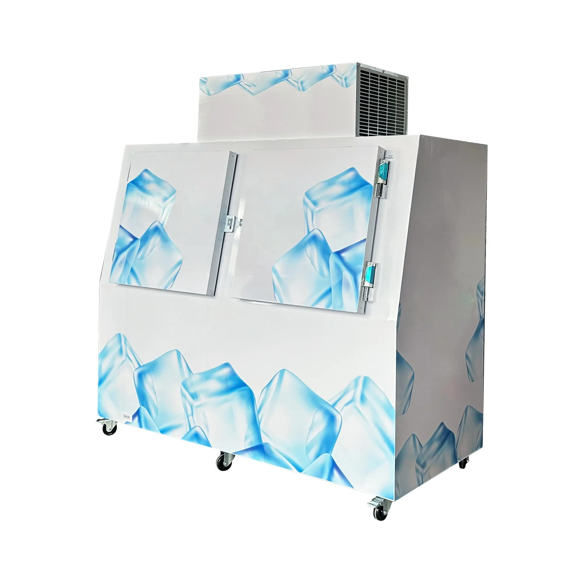 Refrigerador de hielo en bolsas para exteriores, máquinas de hielo con puerta inclinada sólida, congelador industrial de cubitos de hielo con cuerpo de acero pintado