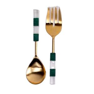 Ensemble de couverts manche en résine blanche et verte ensemble de cuillères de service fendues cuillère à salade grande cuillère de service en acier inoxydable plaqué or - Product Image 1
