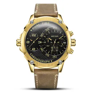 Megir relógio de pulso masculino dourado, autêntico pulseira de couro genuíno, com 2 fusos horários, logotipo personalizado, minimalista, negócios, 2093