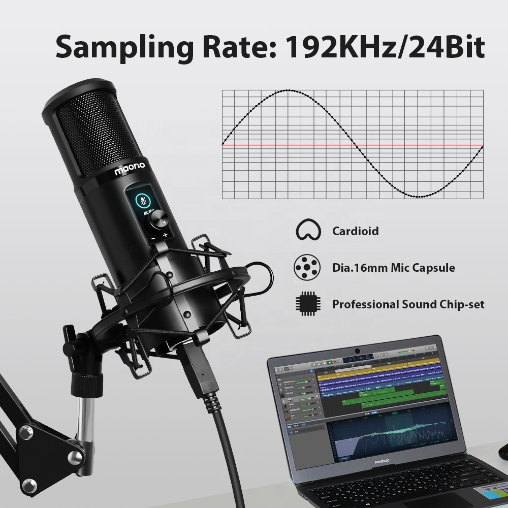 MAONO Professionnel USB Micro Studio Micro avec Micro Bouton de Gain et Un Touche Sourdine