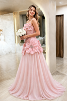 Robe de mariée élégante coupe A-line, bustier, froncée, avec fente cuisse, style princesse, longueur ras du sol