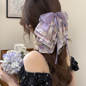 Personnalisation : Pinces à cheveux à pince longues avec nœud en ruban, en mousseline florale, style doux et féerique, et chouchous en tissu pour queue de cheval - Product Image 2