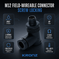 Connecteur d'assemblage câblable sur site KRONZ en plastique M12 mâle 4 broches à code A, étanche IP67, pour capteur industriel