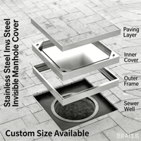 Grille de caniveau carrée moyenne en acier inoxydable à fentes, taille 250 mm, surface brossée, avec couvercle à levage facile pour chemins de randonnée communautaires