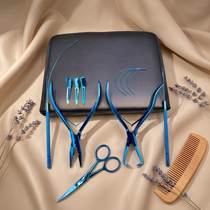 Kit de herramientas para extensiones de cabello con revestimiento de plasma azul, con pinzas, clips, bucles y tijeras, herramienta para extensiones de cabello humano. - Product Image 1