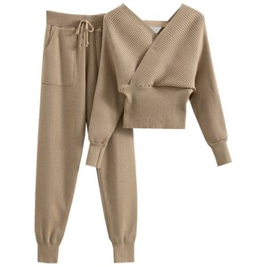 Women Knitted <b>Sweater</b> <b>Set</b> With Crop Top And Jogger Pants Autumn Casual Outfit Two Piece Suit For Women - Product Image 5