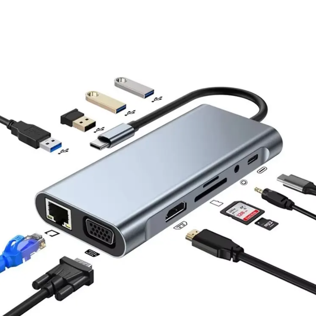 Multifunction 11 in 1 USB C HUB Multiport Adapter HDMI 4K VGA USB 3.0 SD/TF RJ45 PD 3.5MM Audio 11 Port Dock Station for Laptop