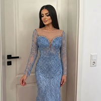 Serene Hill LA72264 Blaues Perlen-Verziertes Meerjungfrau-Abendkleid Langarm Elegante Formelle Partykleider für Damen