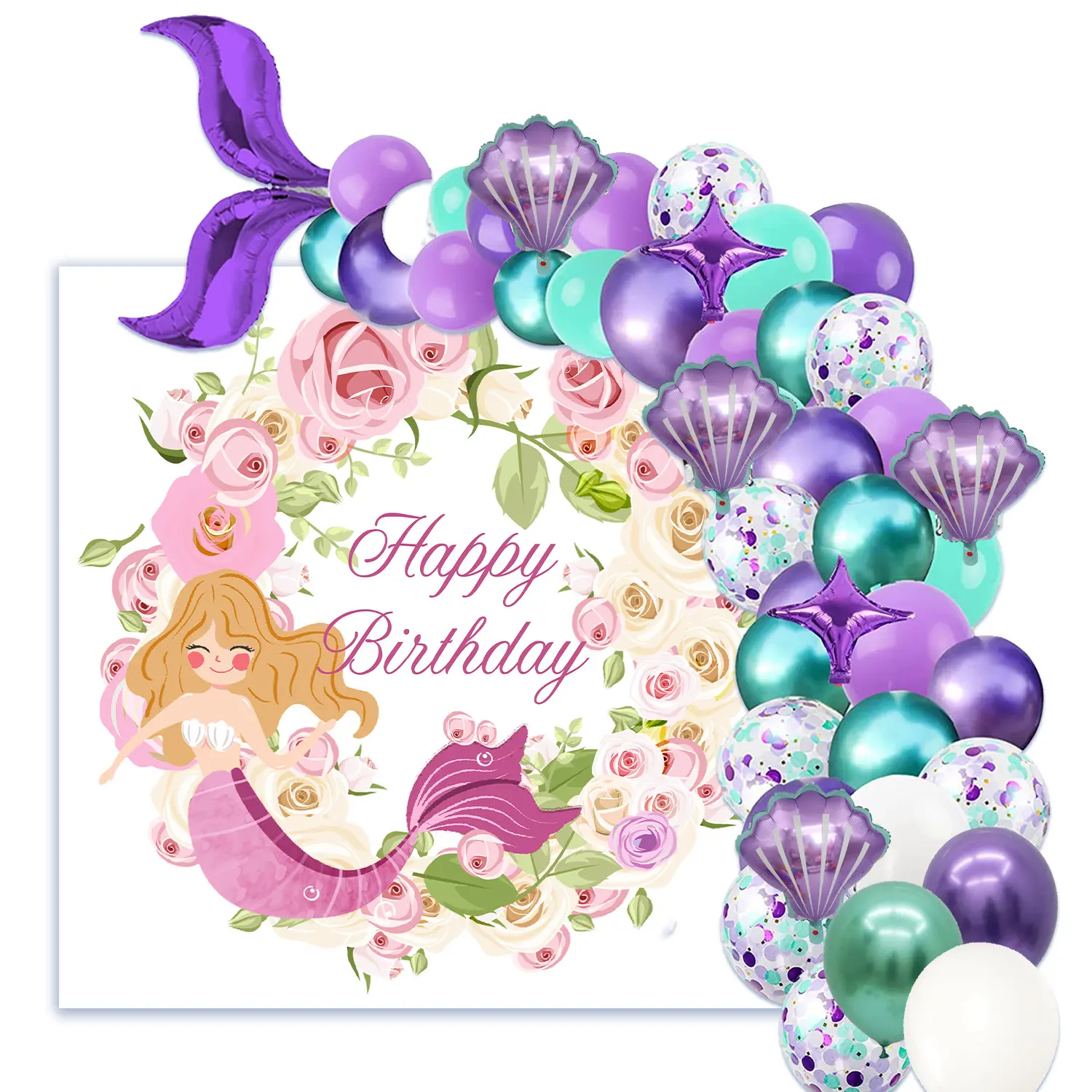 Mermaid Space Theme Balloon Chain Set With Theme Background Cloth Birthday Party Balloon Decoration