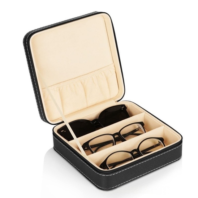 SUNNEW Custom Logo Luxury Multiple Sunglasses Watch Jewelry Box 3-Slot Glasses Storage PU Leather Zipper Closure Case