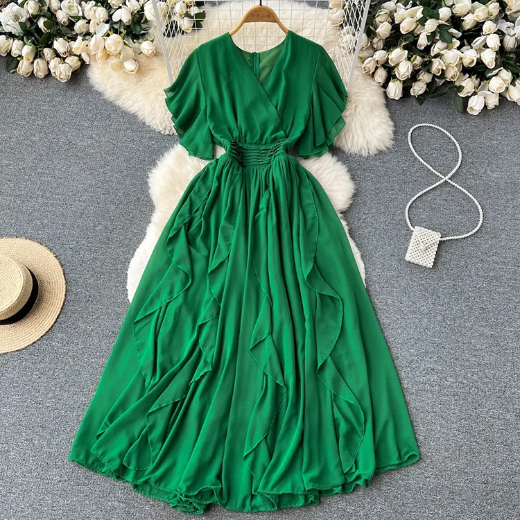 Elegant french style vintage dresses women plain 6 colors v neck high waist long dress