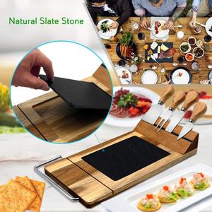 Juego de tabla de quesos de madera moderna con 4 cuchillos de acero inoxidable Bandeja rebanadora de bambú y piedra para servir aperitivos - Product Image 4