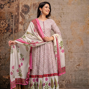 Luxury 60x60 Cotton Floral Print <b>Suit</b> Set for <b>Women</b> with <b>White</b> Pink Anarkali Kurta Palazzo Bottom and Printed Dupatta - Product Image 1