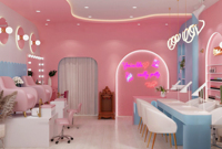 Aménagement Intérieur Complet de Salon de Manucure Personnalisé – Rénovation de Magasin de Coiffure et Esthétique Rose