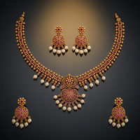 Kalung Liontin Pendek Wanita Siap Pakai, Berbahan Paduan Seng dengan Hiasan Bunga Emas Vintage dan Batu Ruby
