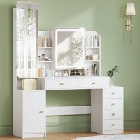 Table de maquillage moderne en MDF écologique avec éclairage LED à luminosité réglable, miroir pleine longueur, 8 espaces ouverts et 6 tiroirs