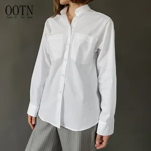 OOTN 2024 משרד ליידי חולצות כיס עם שרוול ארוך חולצות כפתור לבן נשים מזדמנים חולצת דש ארוכת צווארון הפוך