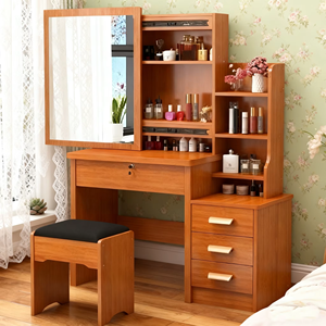 Table de toilette en bois brun de style nordique pour la chambre à coucher, table de maquillage avec miroir, vente en gros, bon marché, rangement - Product Image 5