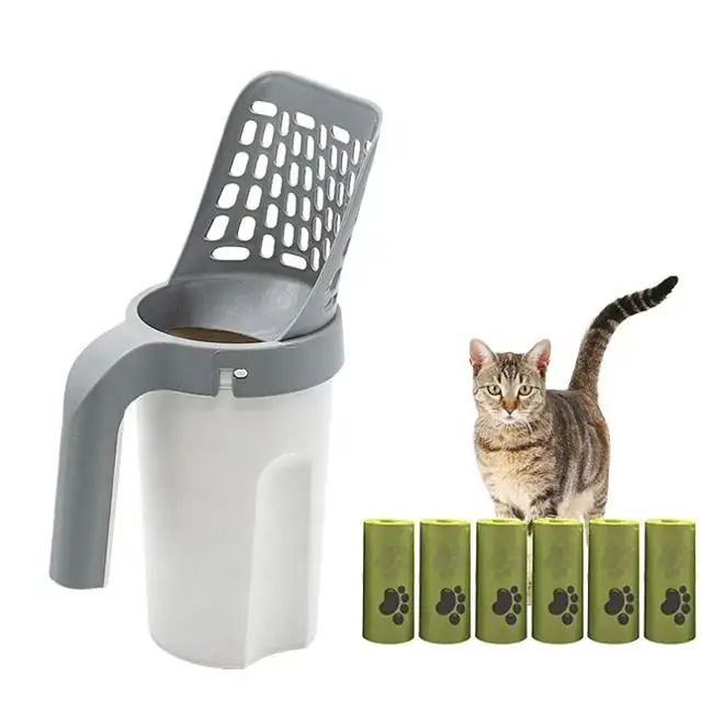 Juego de limpieza para mascotas, colador de arena portátil para gatos, pala, bolsa para excrementos, contenedor integrado desmontable, soporte para arena profunda para gatos con bolsa