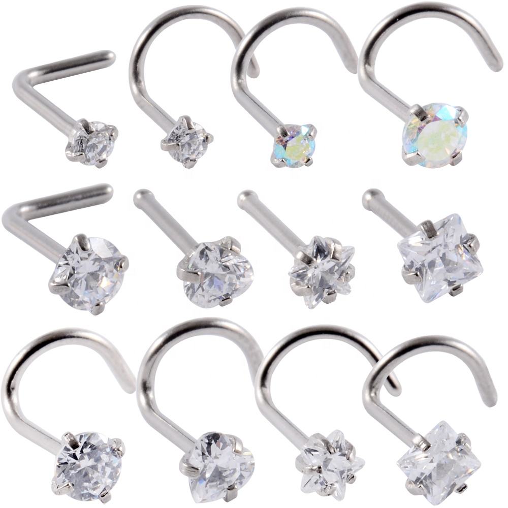 20G Surgical Steel Twisted Nose Studs Screw Ring Body Piercing Shapes  Zircon Nose Ring Crystal Nostril Jewelry Wholesale