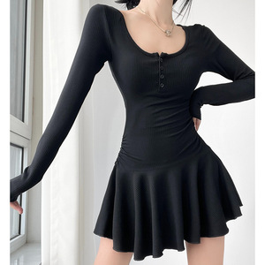 U Neck Long Sleeve Fitted Waist Pleated Skirt Dress Women High Waisted Casual Daily Wear - Product Image 4
