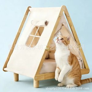 Cat <b>Tent</b> Wooden Pet House Triangle Shape Durable Off Ground Bed For <b>Small</b> Cats And Dogs All Season Use - Product Image 1