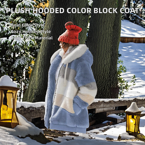 Manteau à capuche en fausse fourrure écologique pour femmes, décontracté, à manches longues, avec poches, fermeture éclair, couleur contrastée, chaud et tendance - Product Image 2