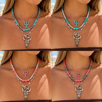 Collier en alliage style bohème western vintage pour femme, avec perles animalières bleues, roses et turquoise, colliers superposés style cowboy, bijoux de mode