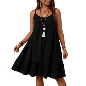 Robe courte noire sans manches, coupe évasée, avec ourlet à volants, style bohème décontracté d'été pour femmes - Product Image 1