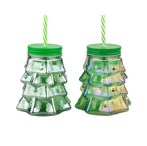 Glass Beverage Winter Machine Made Tree Shape Mason Jar Green with Tin Lid and Plastic Straw