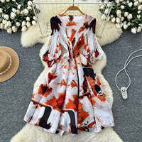 Robe plissée évasée à manches longues bouffantes imprimées style A pour femme, idéale pour le quotidien et les soirées