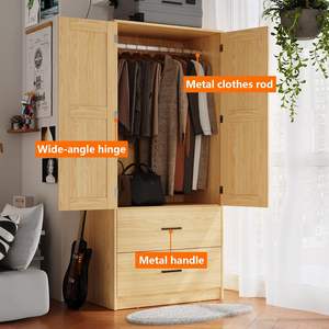 Armário De Armazenamento De Madeira 2-Door <span class=keywords><strong>Closet</strong></span> Gavetas Quarto Armário Independente Armário De Armazenamento De Grãos De Madeira Prateleiras Penduradas Roupas - Product Image 3