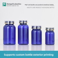 Flacon de complément alimentaire en PET bleu de 200 cc avec couvercle couronne double couche et épaule arrondie, imprimé en sérigraphie, pour fabricants
