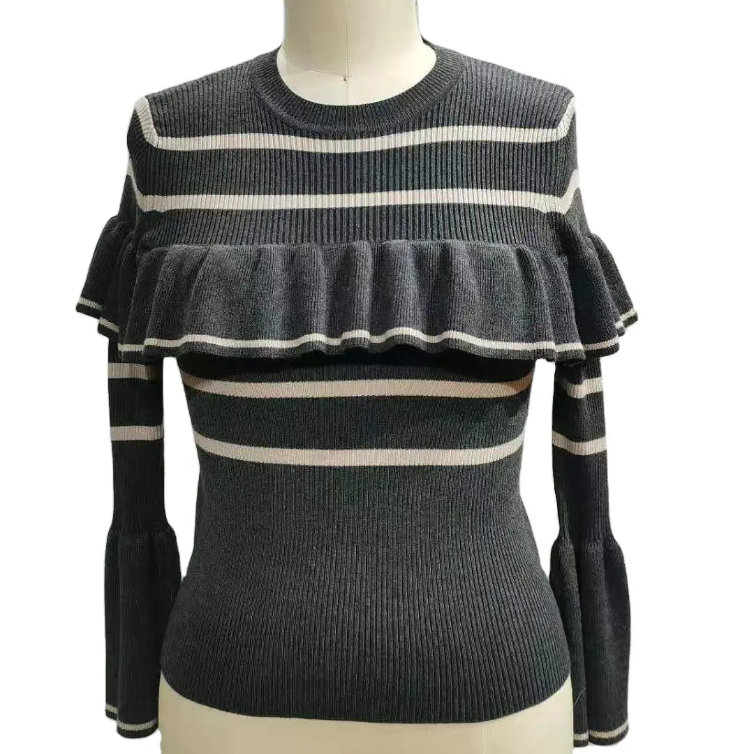 2021 new autumn round neck contrast color striped long-sleeved wool sweater with lace decoration Slim cashmere bottoming shirt