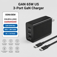 Pengisi Daya Dinding AS PD 65W 2 Tipe C+1 USB-A Adaptor Daya 1.8M 5A Kabel C ke C Sistem Pelindung Sirkuit Pendek Internal Pengisi Daya Ponsel