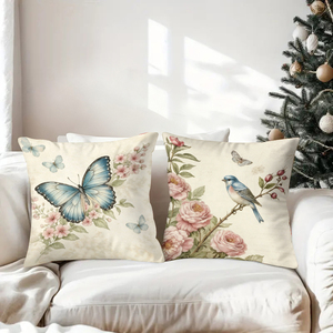 Bantal hias bermotif bunga dan burung bergaya vintage menghiasi sofa ruang tamu yang nyaman dengan kaus kaki Natal yang meriah di latar belakang. - Product Image 3