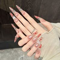 Kuku Akrilik Gentle Vibe Warna Nude Pink Aurora Cat Eye Gradasi Merah Hiasan Bunga Kering Kupu-kupu Perak Rhinestone Bentuk Almond