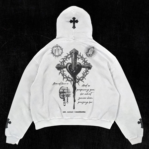 เสื้อฮู้ดผู้ชาย Yourbrand สีขาว ทรงโอเวอร์ไซส์ พิมพ์ลาย True Faith สไตล์ลำลอง เสื้อผ้าสตรีทแวร์สำหรับฤดูใบไม้ร่วง ผ้าฝ้ายเฟรนช์เทอร์รี่ สำหรับผู้ชาย - Product Image 2
