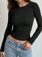 T-shirts à manches longues pour femmes, coupe ajustée, col rond, unis, avec logo brodé, tendance, décontractés, sexy, pour l'automne et les sorties, vente en gros