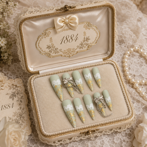 Faux ongles longs à presser en dentelle et feuille d'or, couvrance totale, style français, amovibles, pour usage professionnel en salon - Product Image 5