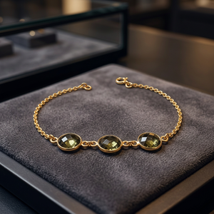 14k Gold Plated Stainless Steel Triplet <b>Chain</b> Bracelet with Jade Stones Delicate Three-Stone Design - Product Image 2