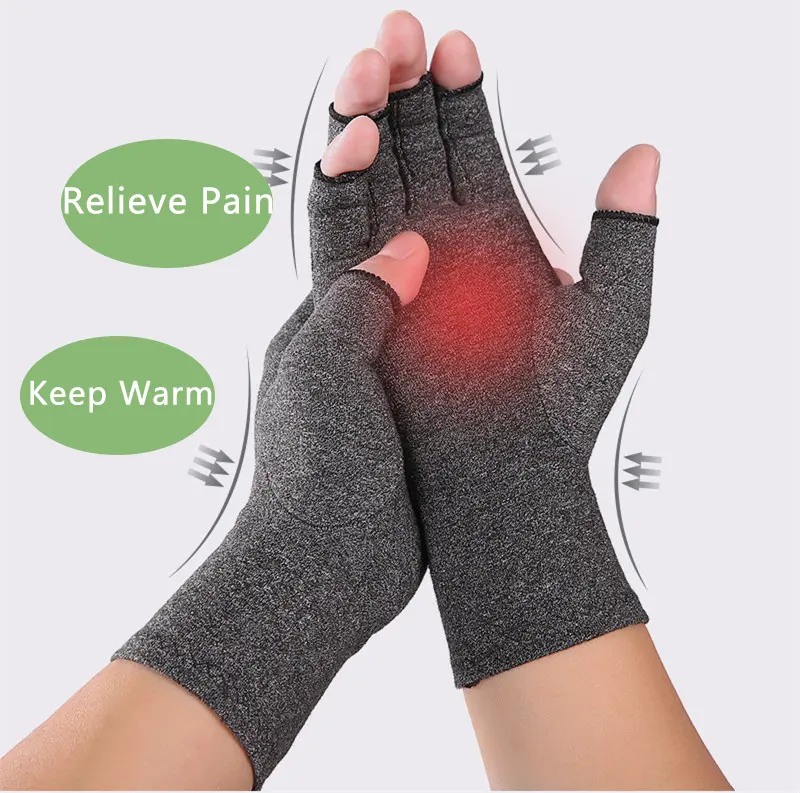 Fingerless Grey Heated Spandex Pressure Therapeutic Therapy Compression Arthritis Gloves For Relieve Pain