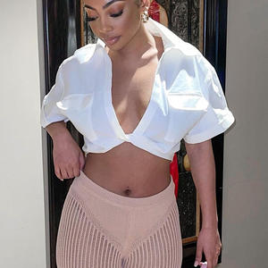 Top corto con cuello de <span class=keywords><strong>Polo</strong></span> y logotipo personalizado, camisetas cortas básicas sexis, camisetas blancas para discoteca para <span class=keywords><strong>mujer</strong></span>, camisetas cortas de manga corta con nudo 2023 - Product Image 3