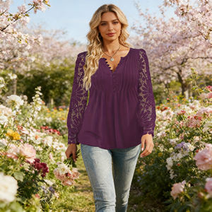 Blusa Casual de Oficina para Mujer, Elegante, con Mangas de Encaje Morado, Talla Grande, Cuello en V, Corta, con Botones, Transpirable y Ligera - Product Image 2