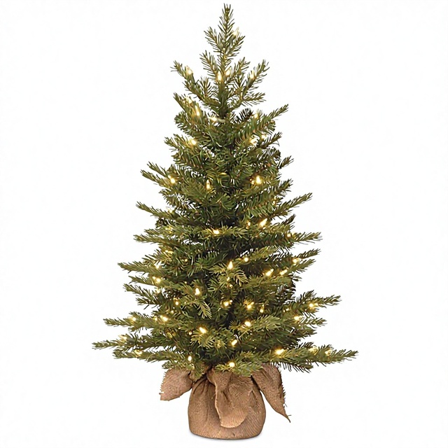 3 ft Pre-Lit Nordic Spruce Mini Artificial Christmas Tree 100 Warm White LED Clear Lights 363 Tips Burlap