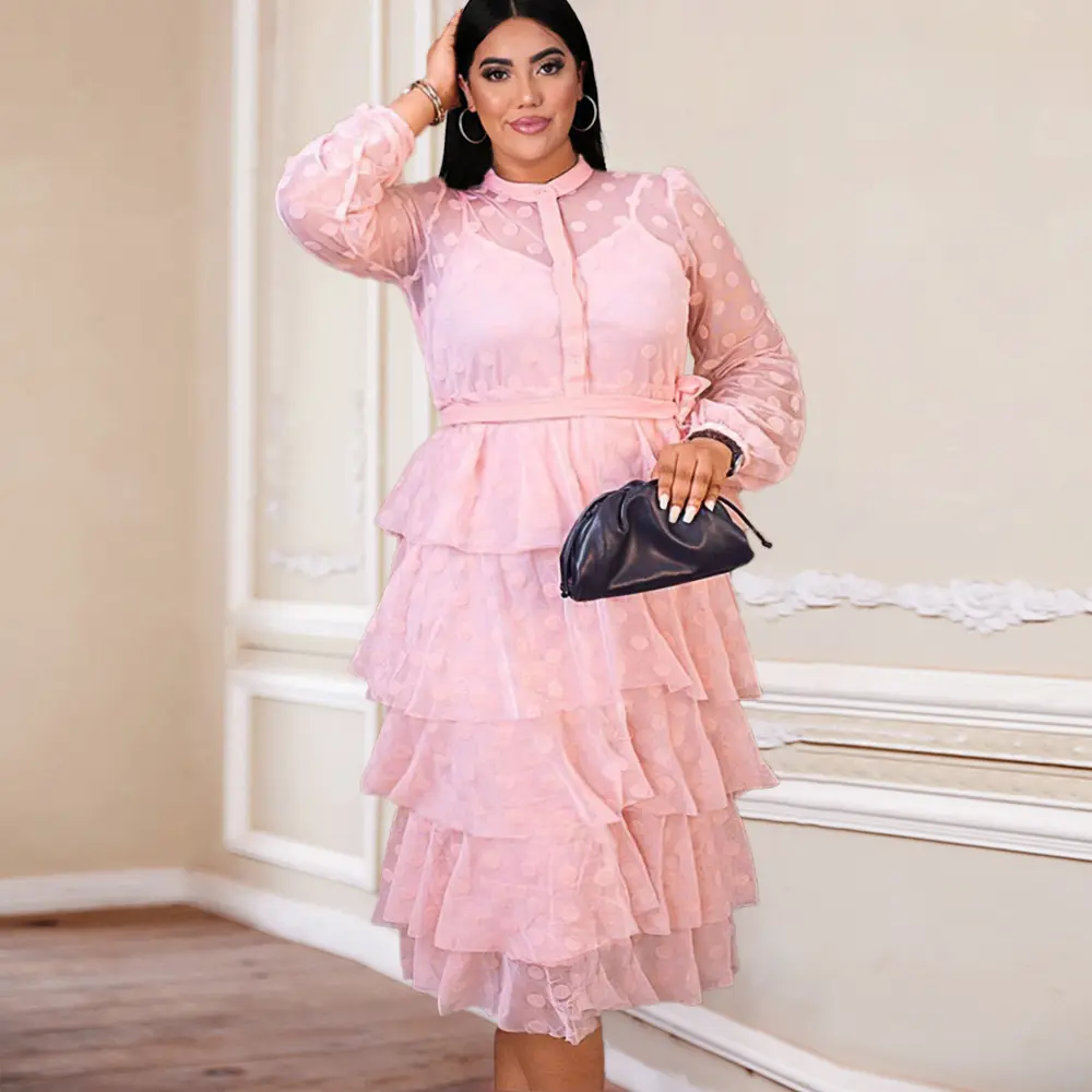 Plus Size Pink Bow Full Sleeve Sweet Waist Women Cocktail Dots Dresses