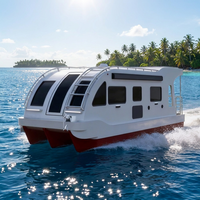 Maison flottante en aluminium remorquable, cabine flottante avec chambre, toilettes, cuisine, évier, cuisinière intégrée et table pour la pêche en lac