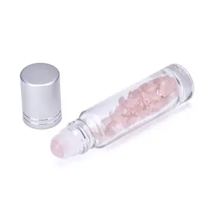 Heldere Edelsteen Roller Bal Glas Etherische Olie Roll Op Fles Met Crystal Chips Binnen 10 Ml Fles Vorm Roze Zwart