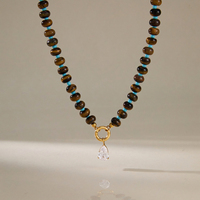 Collier en or 18 carats J&D Jewelry avec perles de rocaille vertes aigue-marine, pendentif zircon en forme de goutte, chaîne étanche en œil de tigre
