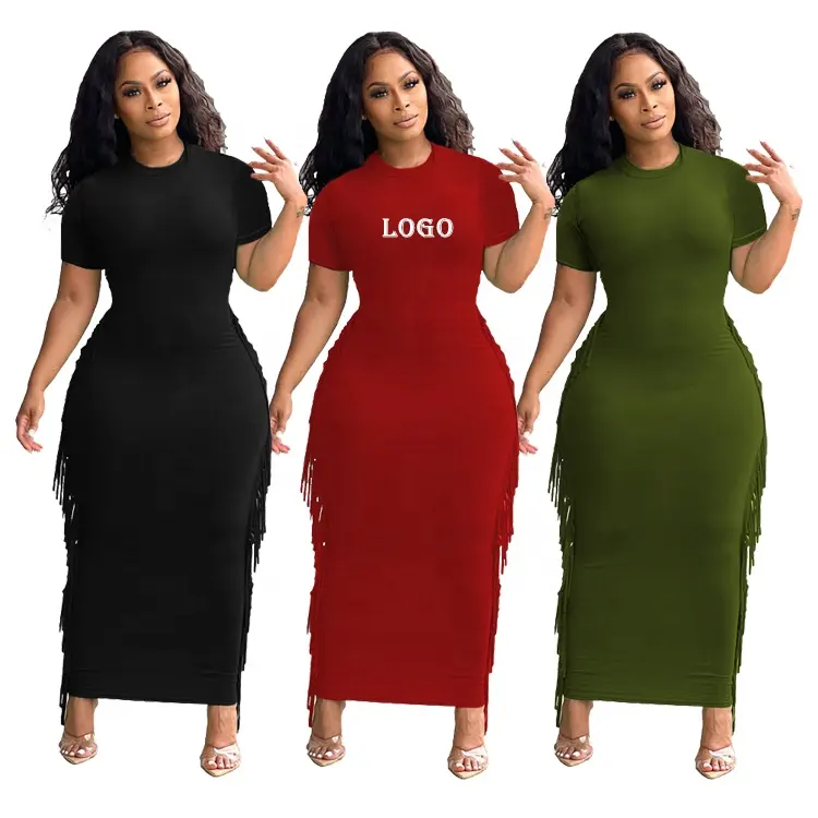 Wholesale New Sexy Fashion Plus Size Tassel Solid Color Summer Career Dresses